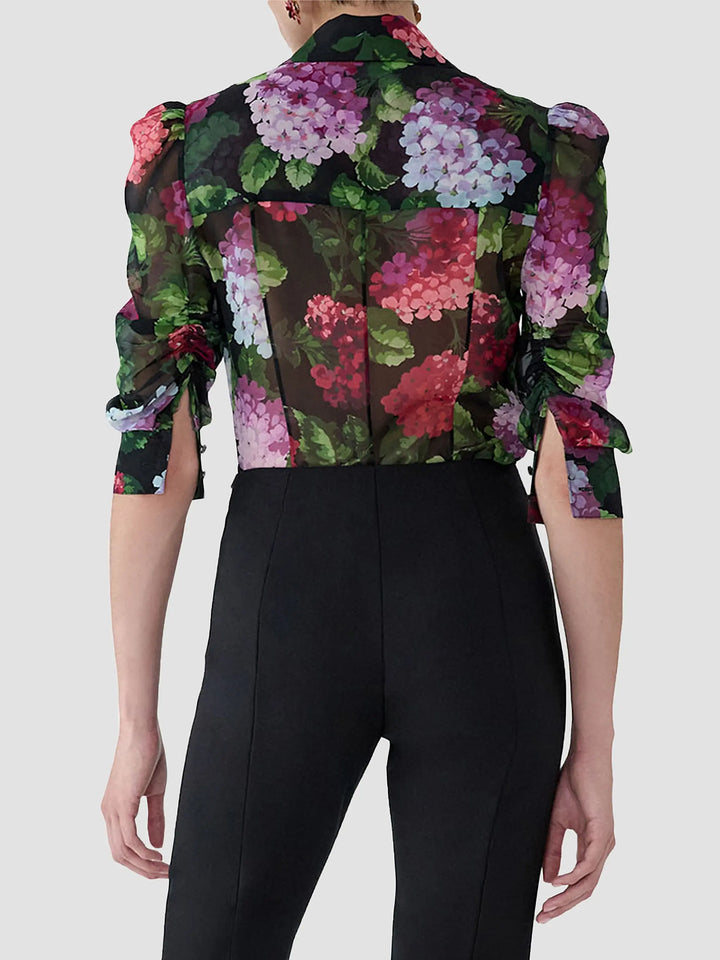 Hydrangea-Print Chiffon Blouse - Black Multi