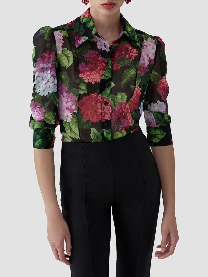 Hydrangea-Print Chiffon Blouse - Black Multi