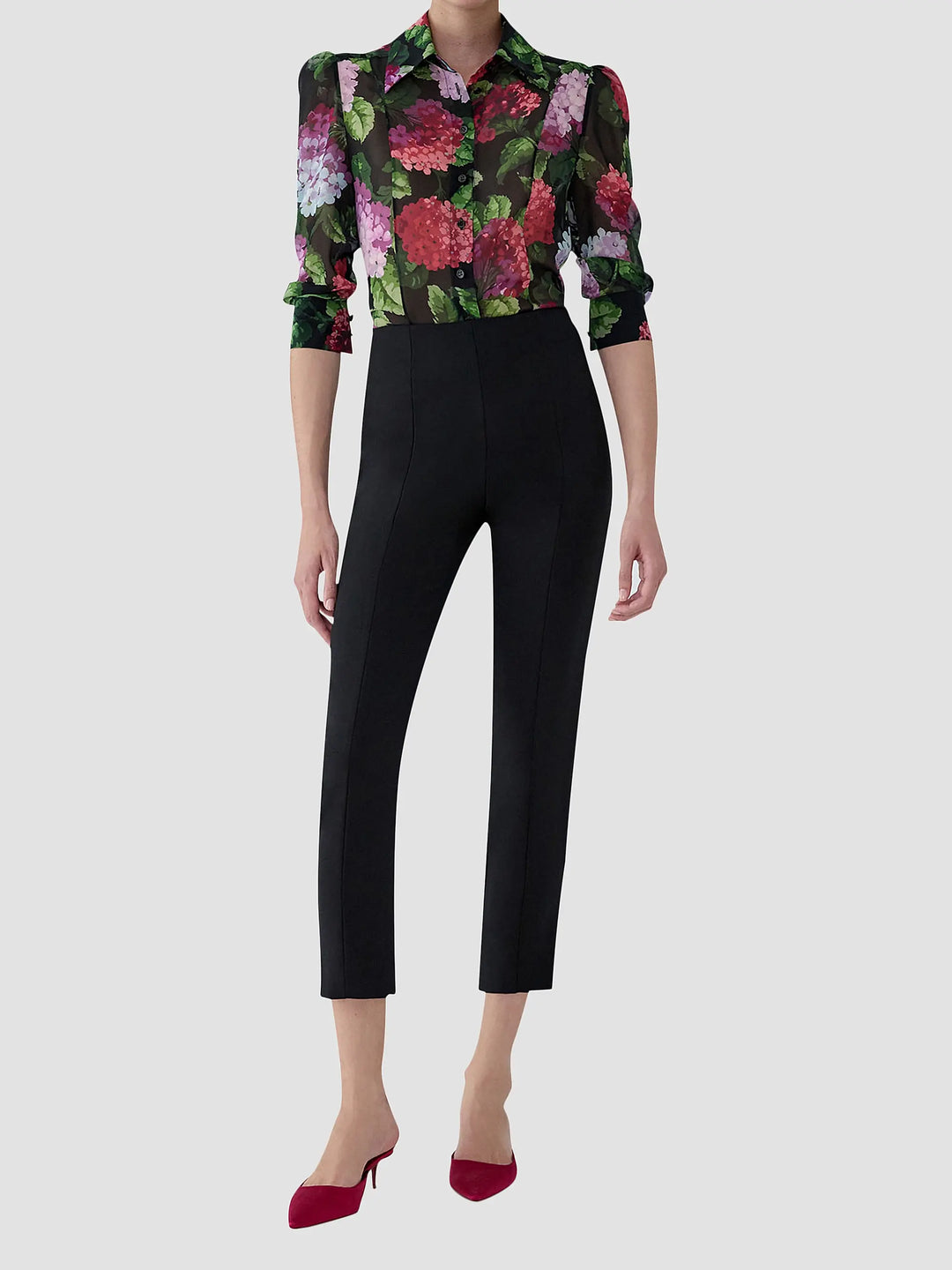 Hydrangea-Print Chiffon Blouse - Black Multi