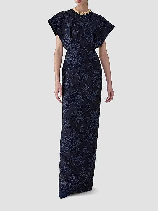 Embellished Fan Bodice Gown - Navy
