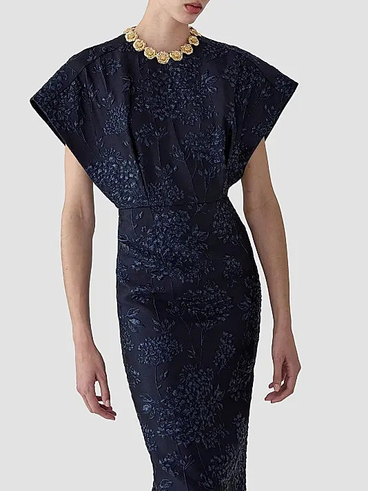 Embellished Fan Bodice Gown - Navy
