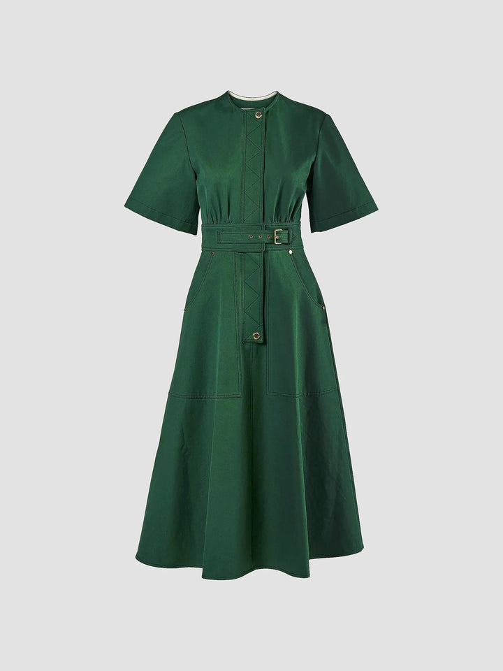 Gabardine A-Line Midi Dress - Dark Green