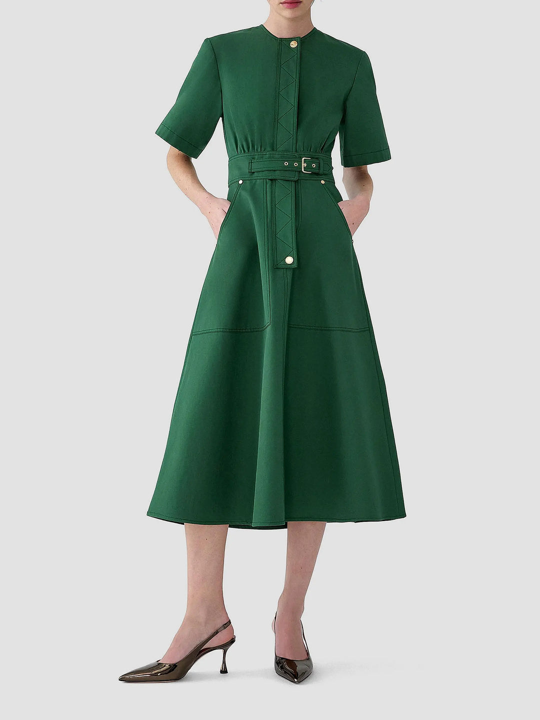 Gabardine A-Line Midi Dress - Dark Green