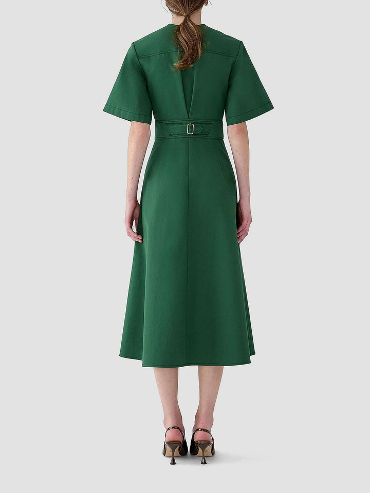 Gabardine A-Line Midi Dress - Dark Green