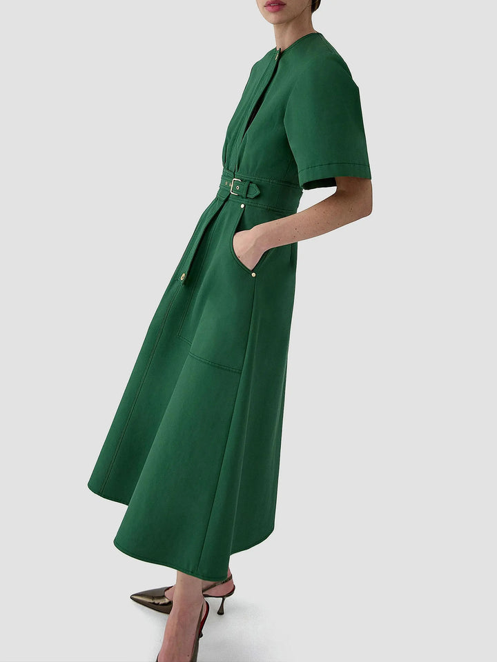 Gabardine A-Line Midi Dress - Dark Green