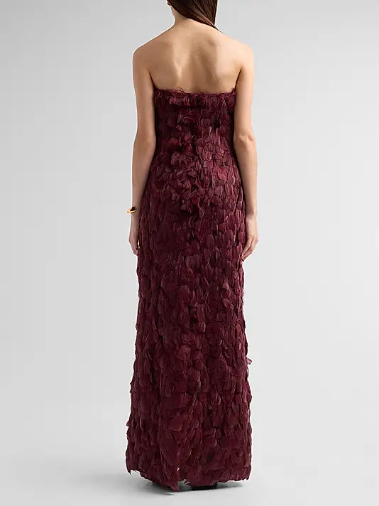 Malvina Feather Strapless Gown - Garnet