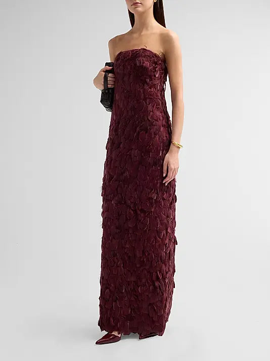 Malvina Feather Strapless Gown - Garnet