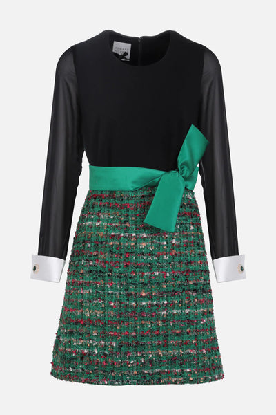 Trapeze Dress in Tweed and Satin Bow - Black and Green