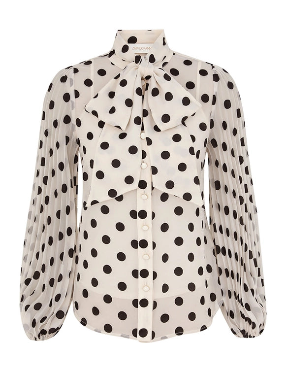 Pussybow Blouse - Cream/Black Dot