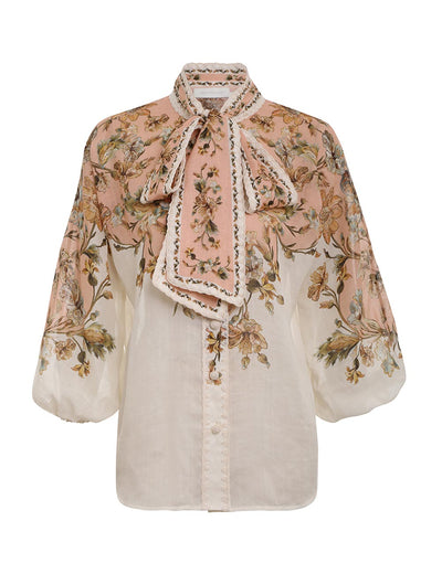 CHINTZ TIE NECK BLOUSE - Pink Daisy Floral