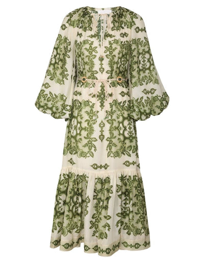 RAIE TIERED BILLOW MIDI DRESS - Green Damask
