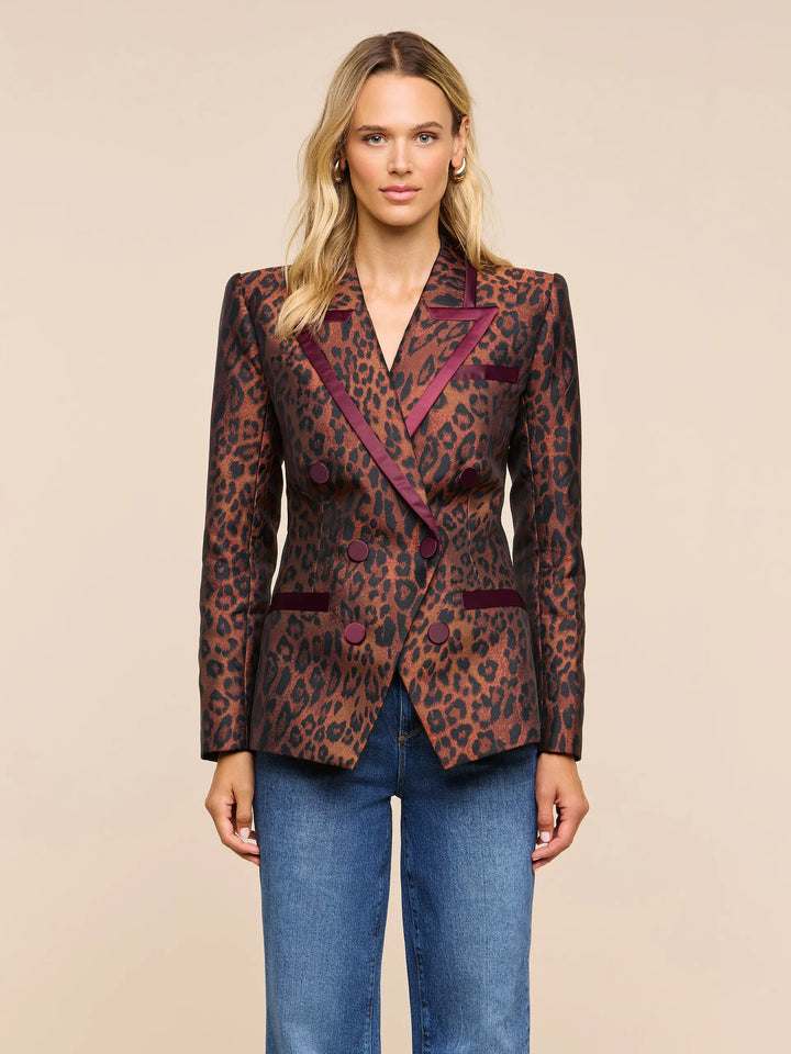 Kyomi Double-Breasted Blazer - Tan Multi Javan Leopard/Merlot Red