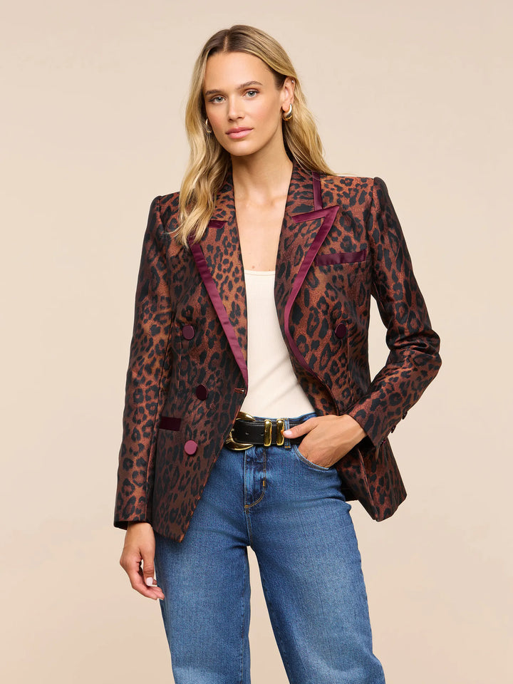 Kyomi Double-Breasted Blazer - Tan Multi Javan Leopard/Merlot Red