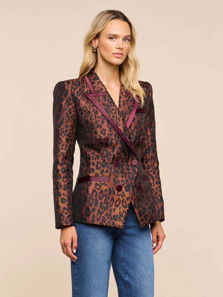 Kyomi Double-Breasted Blazer - Tan Multi Javan Leopard/Merlot Red