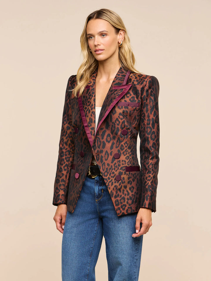 Kyomi Double-Breasted Blazer - Tan Multi Javan Leopard/Merlot Red