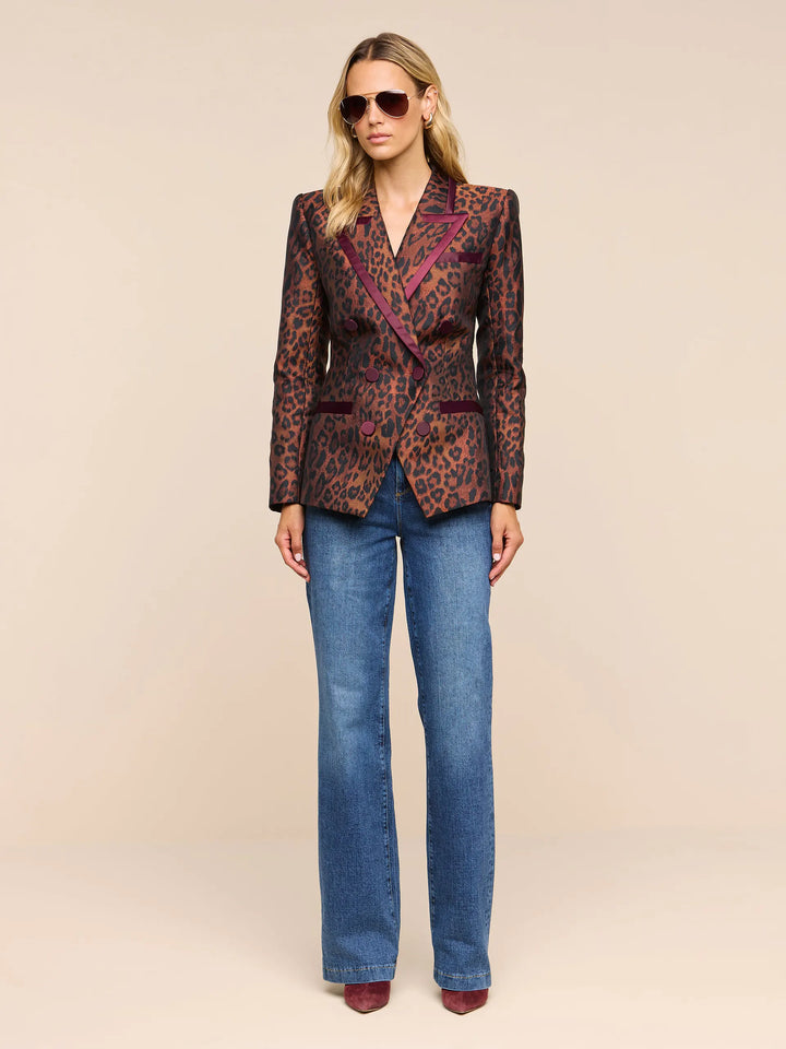 Kyomi Double-Breasted Blazer - Tan Multi Javan Leopard/Merlot Red