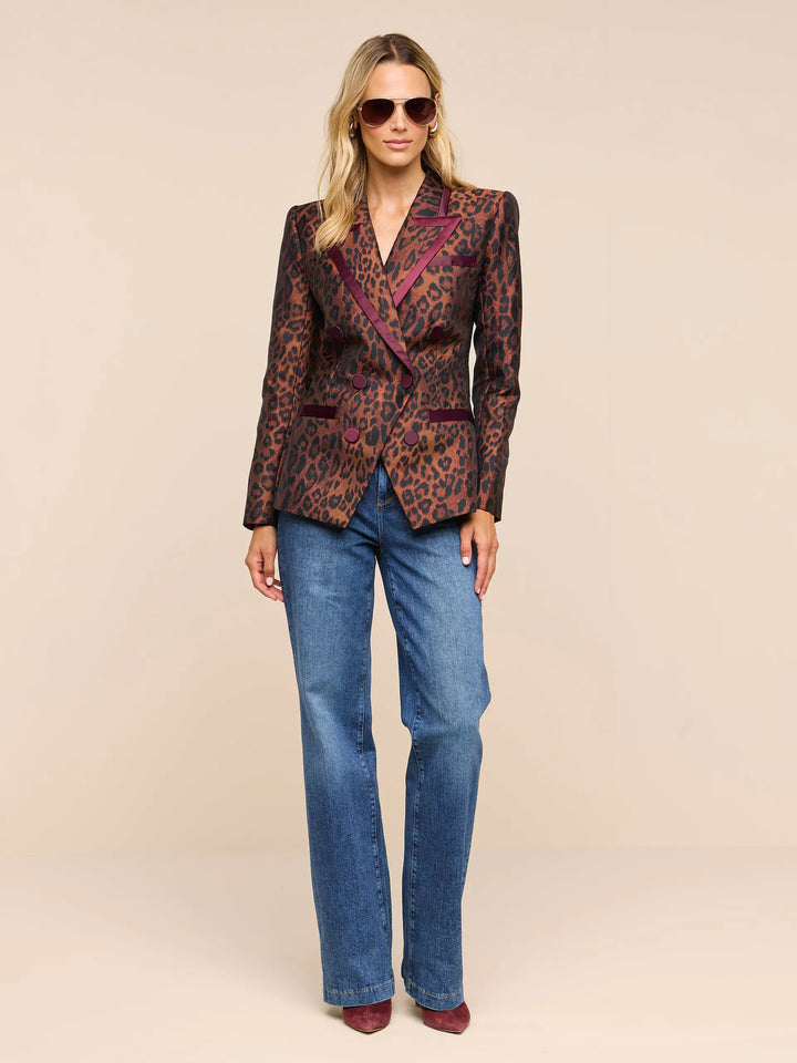 Kyomi Double-Breasted Blazer - Tan Multi Javan Leopard/Merlot Red