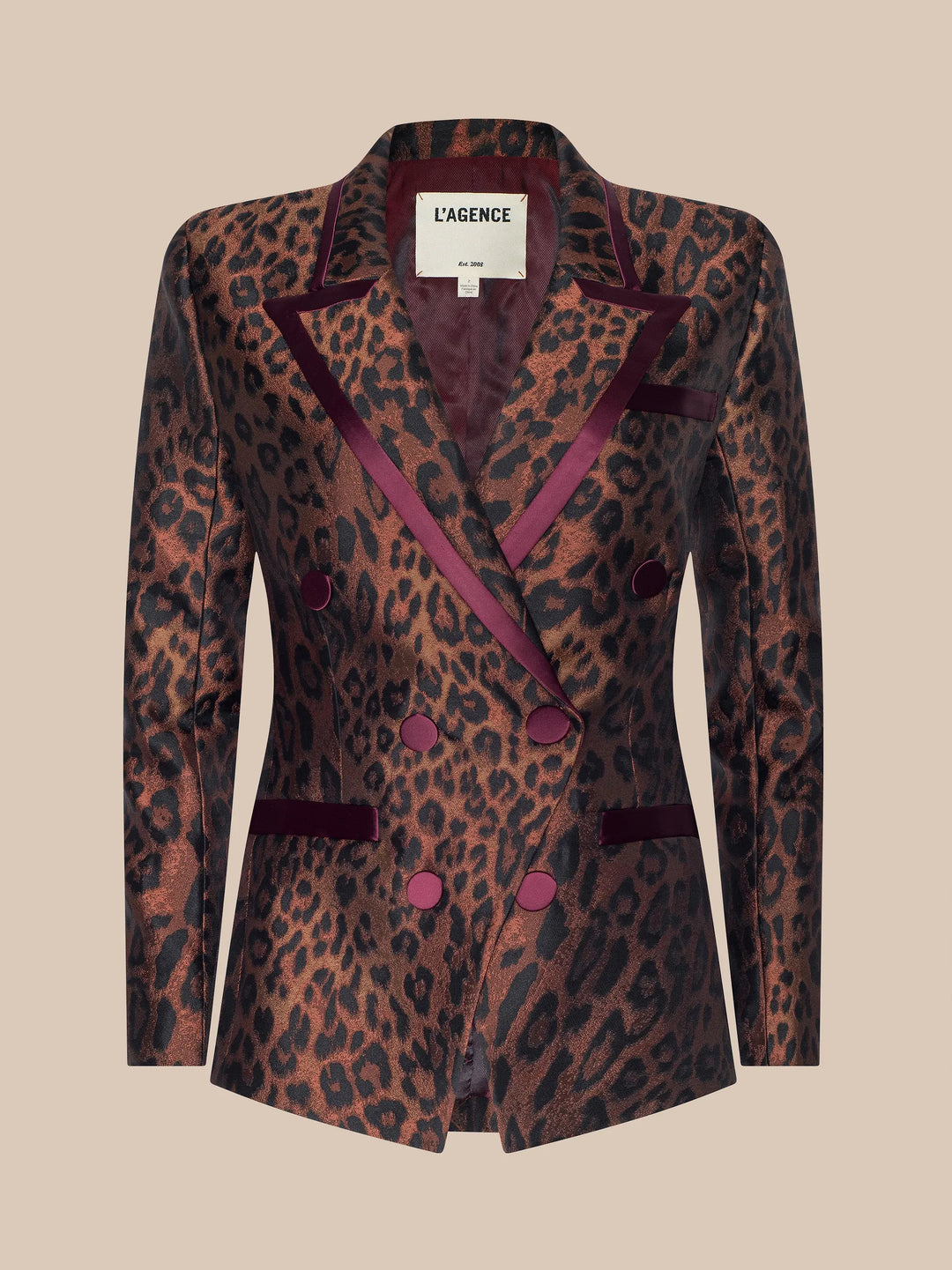 Kyomi Double-Breasted Blazer - Tan Multi Javan Leopard/Merlot Red