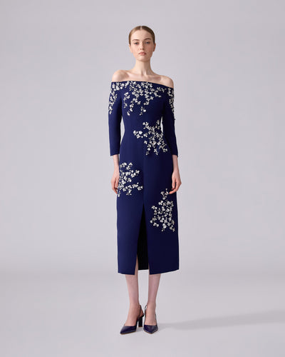 Floral-Embroidered Off-Shoulder Dress - Midnight
