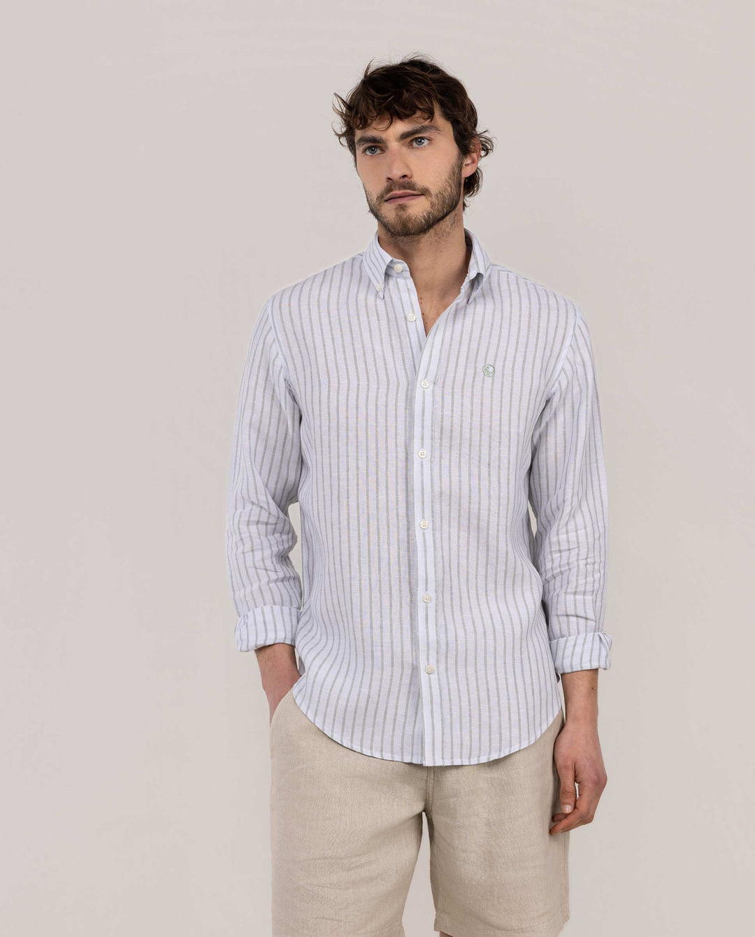 Butcher Chambray Linen Shirt - Green/White