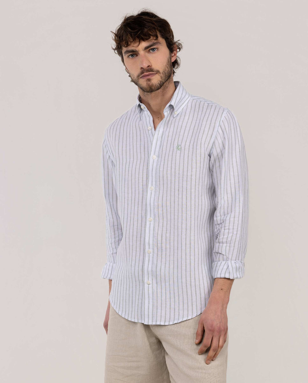 Butcher Chambray Linen Shirt - Green/White