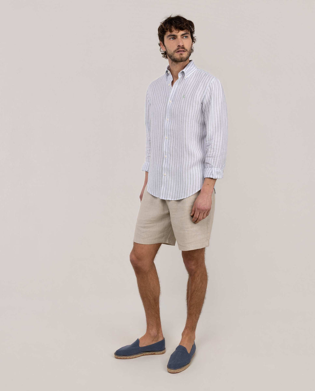 Butcher Chambray Linen Shirt - Green/White