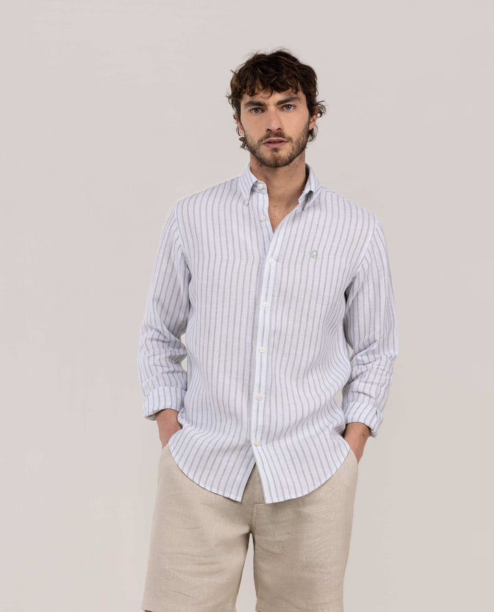 Butcher Chambray Linen Shirt - Green/White