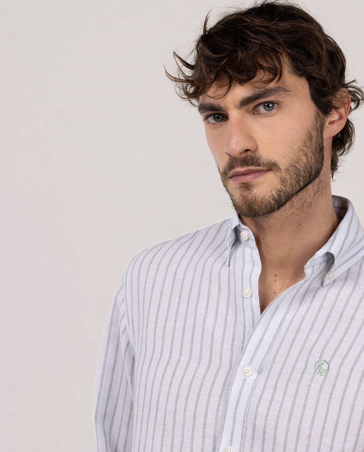Butcher Chambray Linen Shirt - Green/White