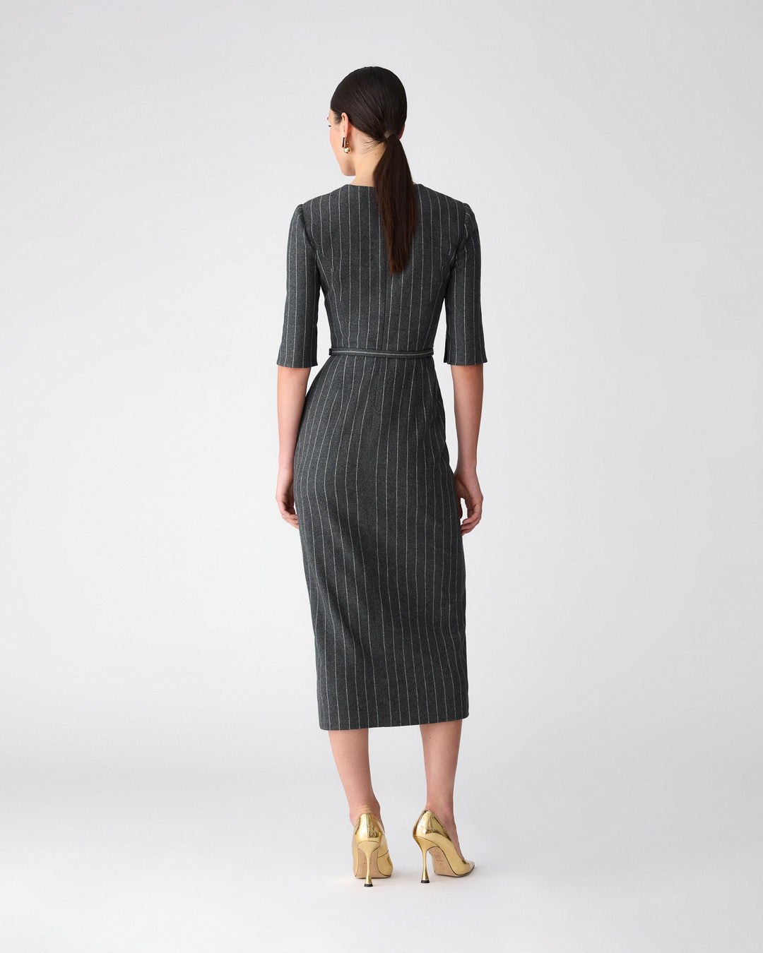 Pinstripe Midi Dress with Belt - Charcoal Grey Melange