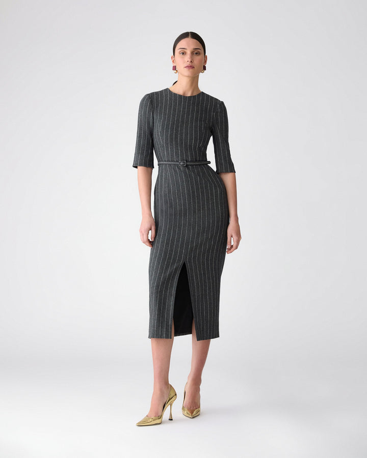 Pinstripe Midi Dress with Belt - Charcoal Grey Melange