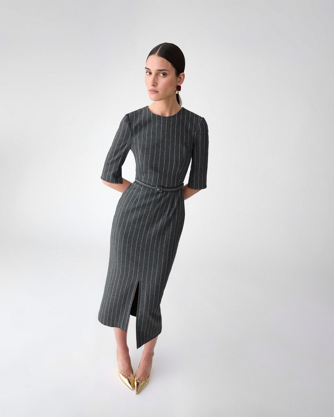 Pinstripe Midi Dress with Belt - Charcoal Grey Melange