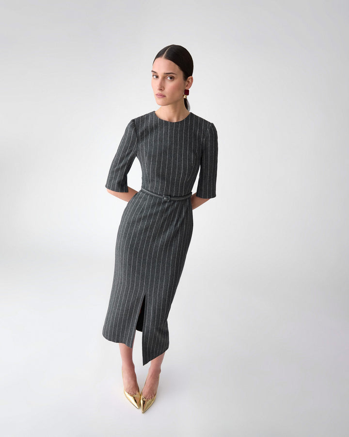 Pinstripe Midi Dress with Belt - Charcoal Grey Melange