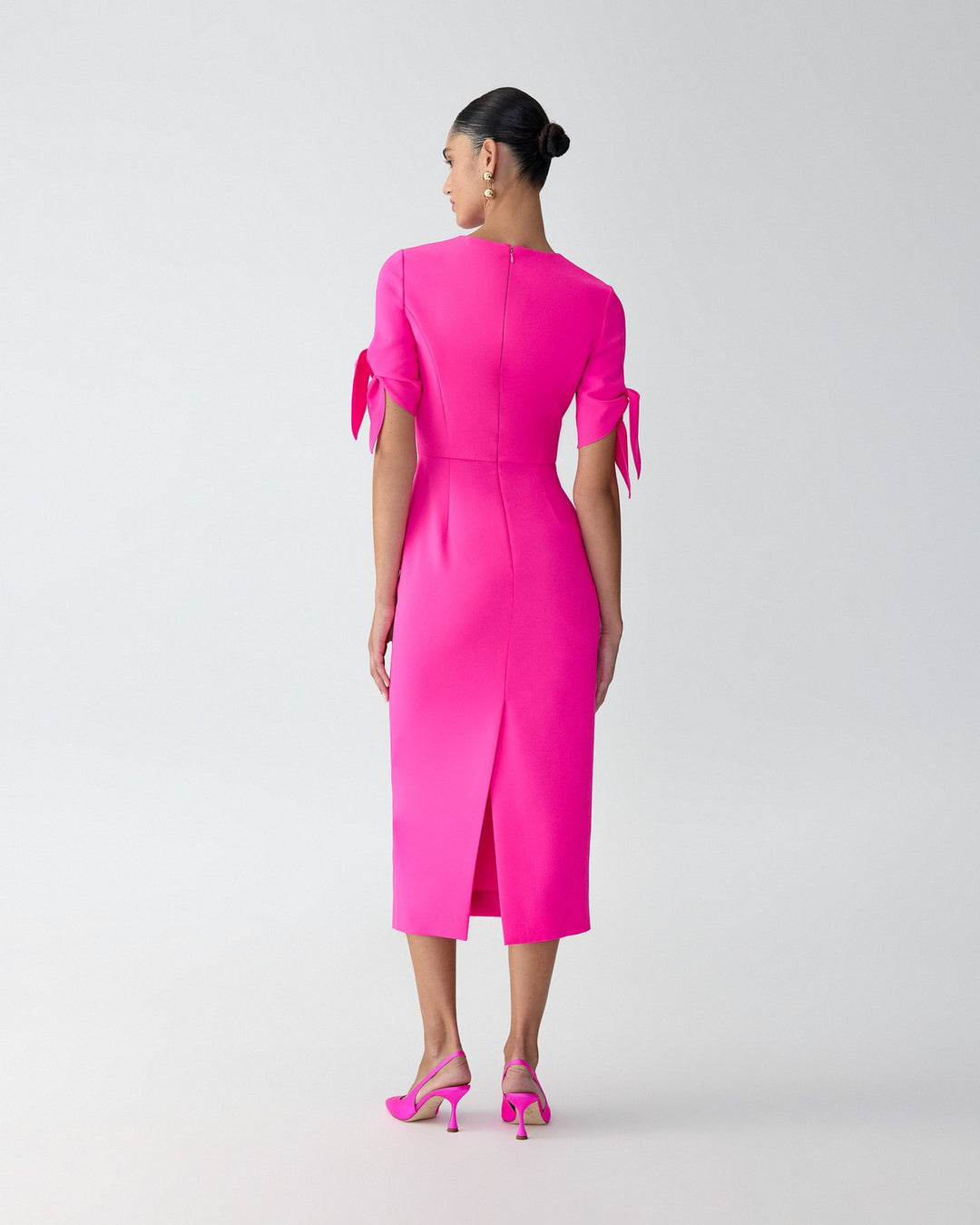 Elbow Tie Sleeve Midi Dress - Hot Pink