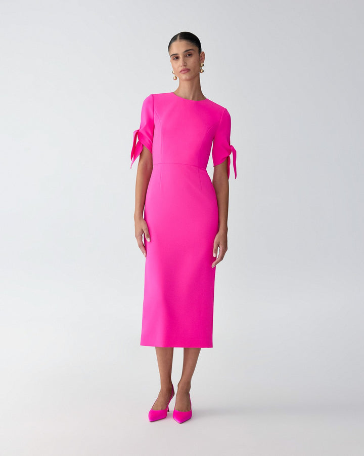 Elbow Tie Sleeve Midi Dress - Hot Pink