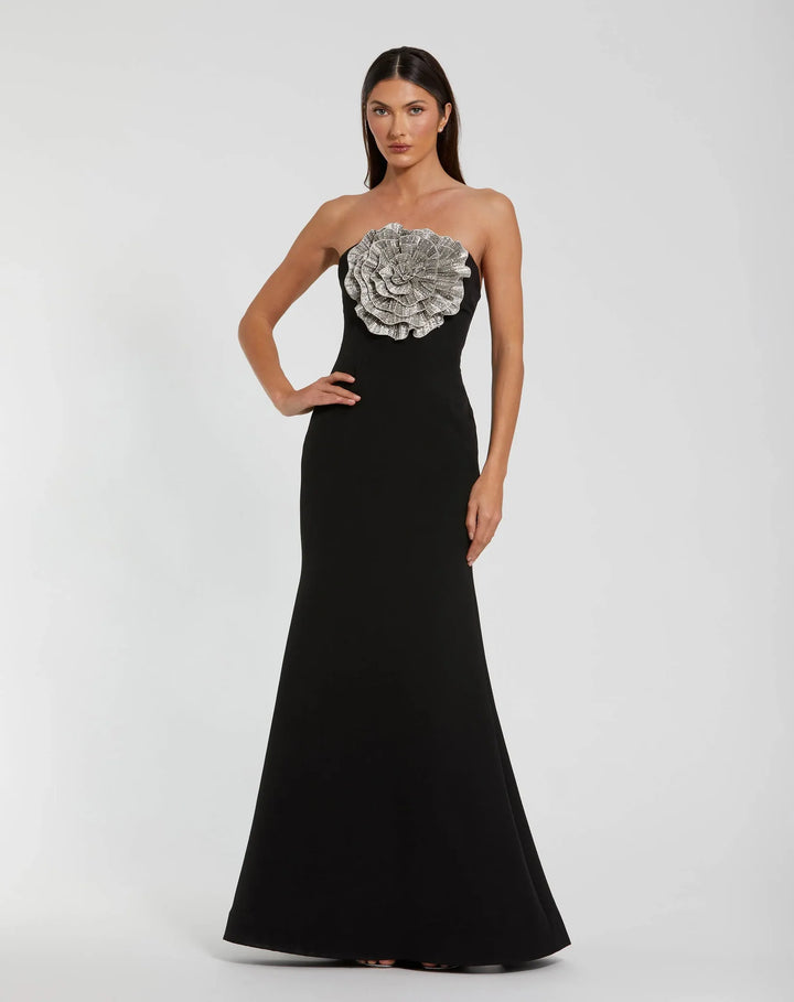 Strapless Crepe Trumpet Gown with 3D Rhinestone Flower - Black