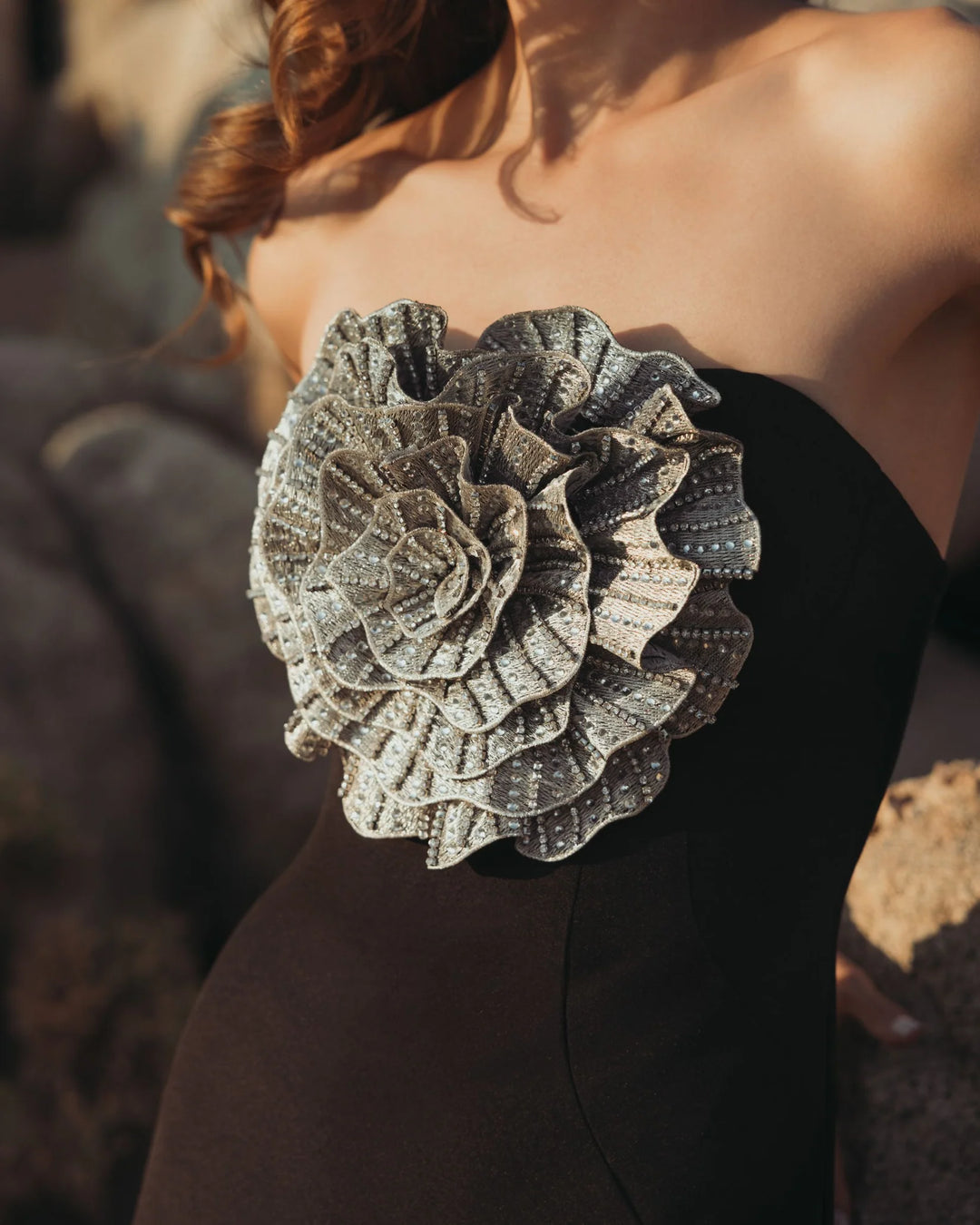 Strapless Crepe Trumpet Gown with 3D Rhinestone Flower - Black