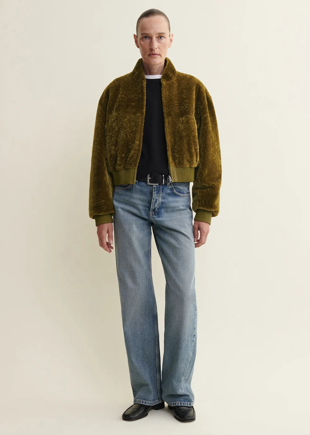 Azra Reversible Shearling Bomber Jacket – Dark Olive