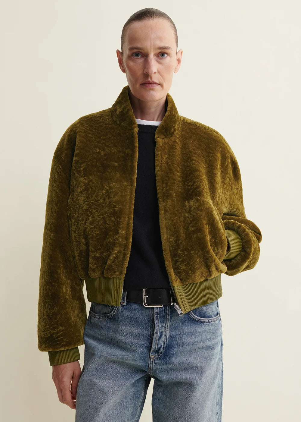 Azra Reversible Shearling Bomber Jacket – Dark Olive