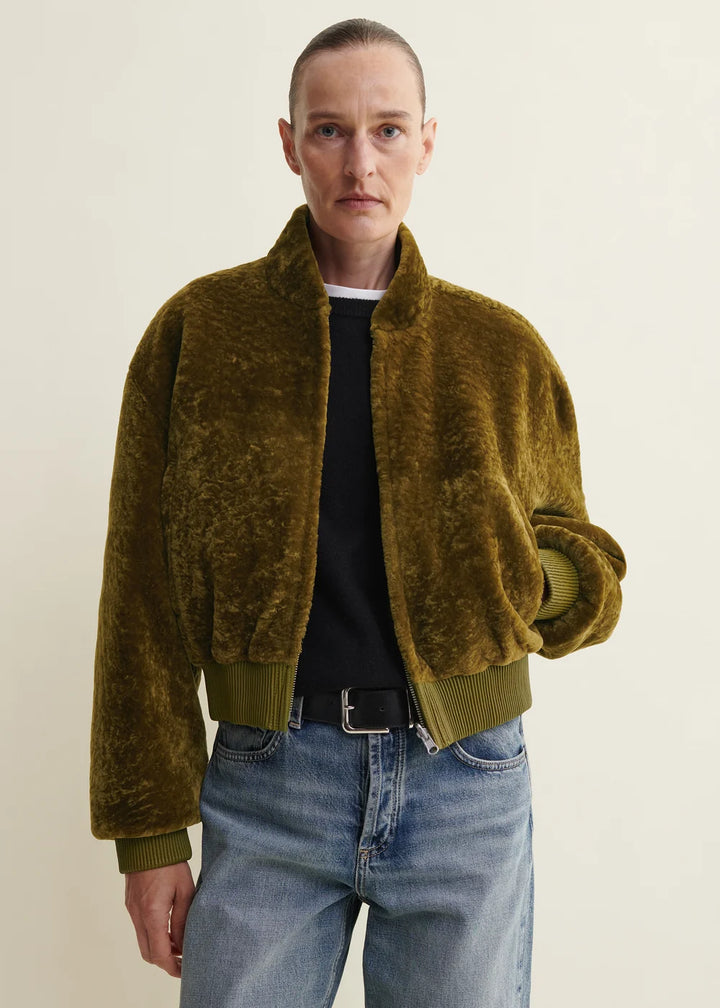 Azra Reversible Shearling Bomber Jacket – Dark Olive