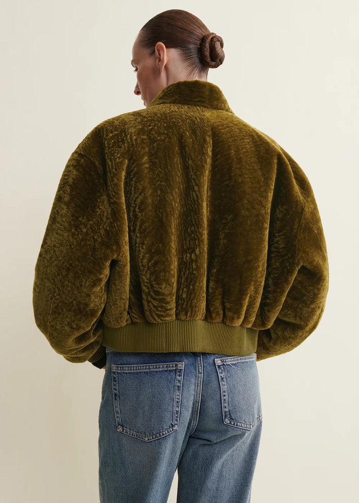 Azra Reversible Shearling Bomber Jacket – Dark Olive