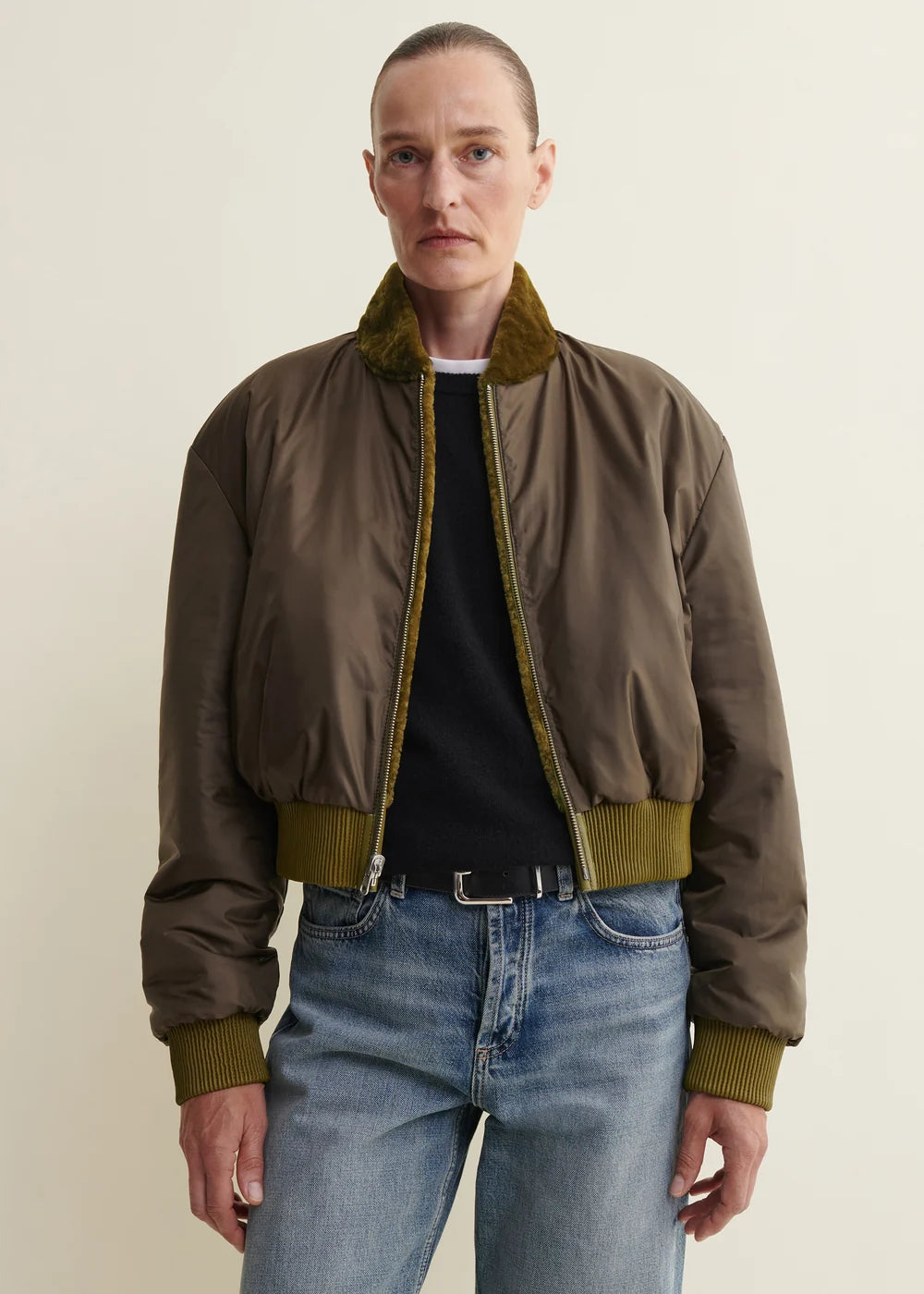 Azra Reversible Shearling Bomber Jacket – Dark Olive