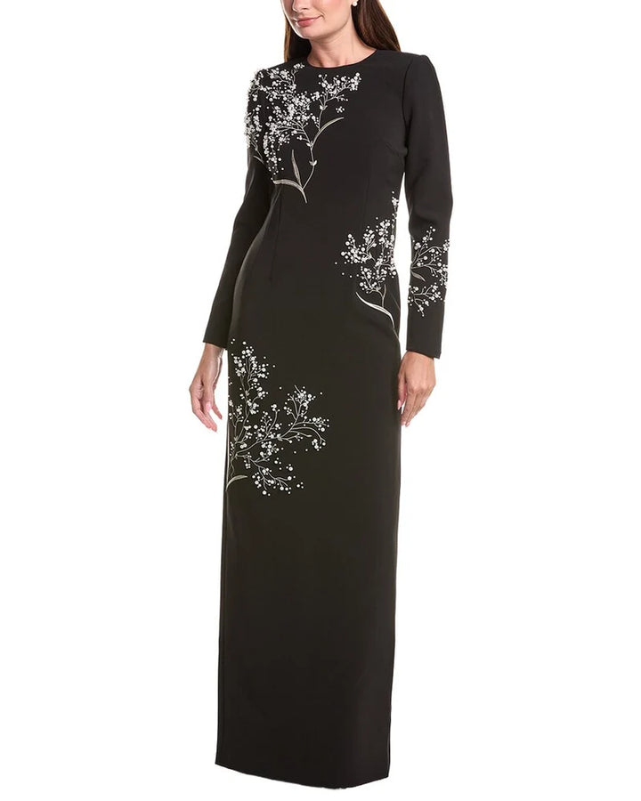 Crepe Floral Pearl Applique Gown - Black
