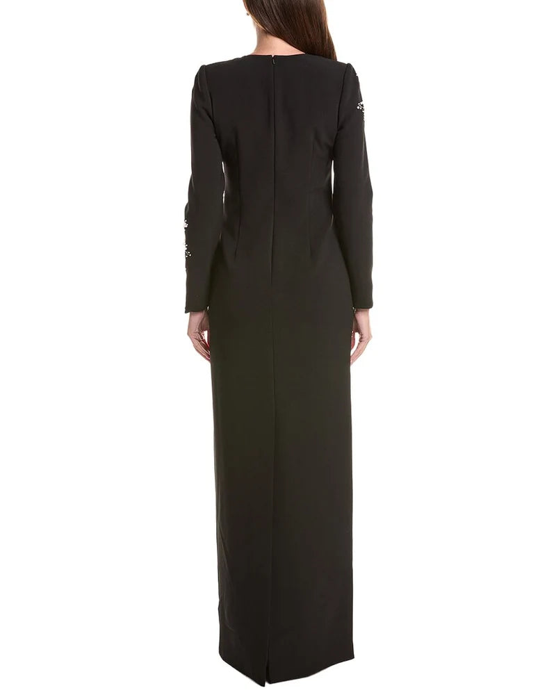 Crepe Floral Pearl Applique Gown - Black