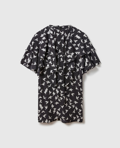 Layered Short-Sleeve Dove Print Mini Dress - Black/White