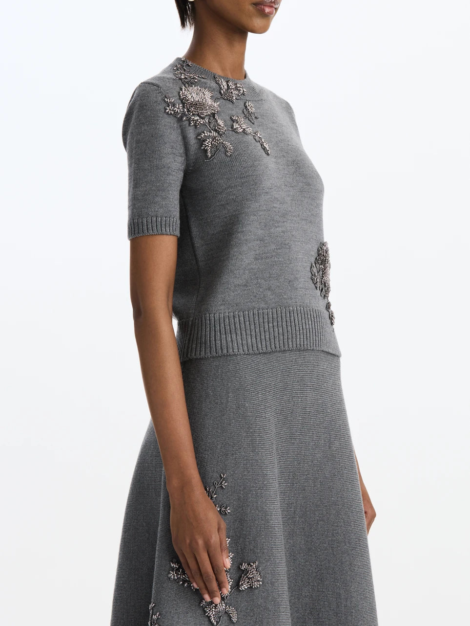 Oscar de la Renta Beaded Floral Wool Sweater