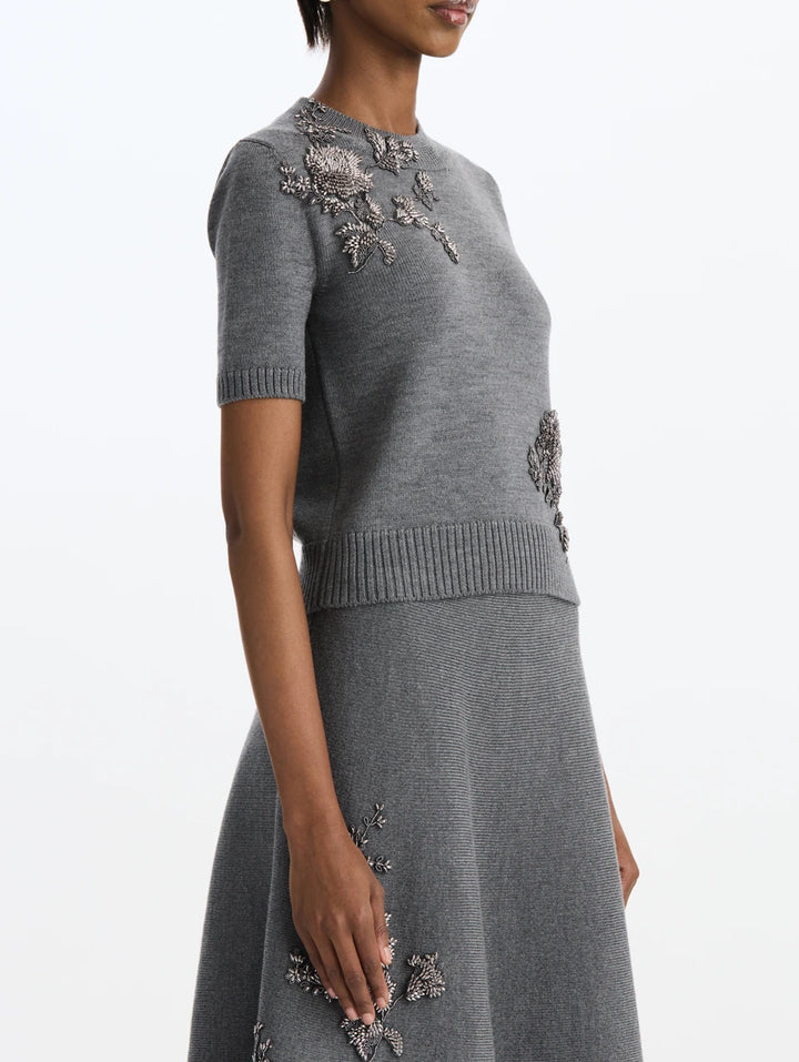 Oscar de la Renta Beaded Floral Wool Sweater