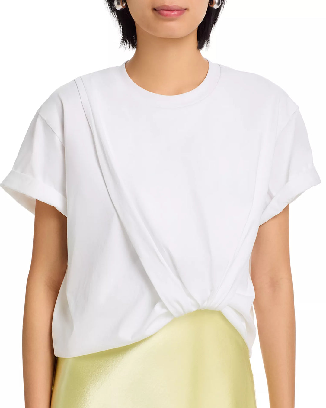 Draped Combo T-Shirt Dress with Lace Trim - White