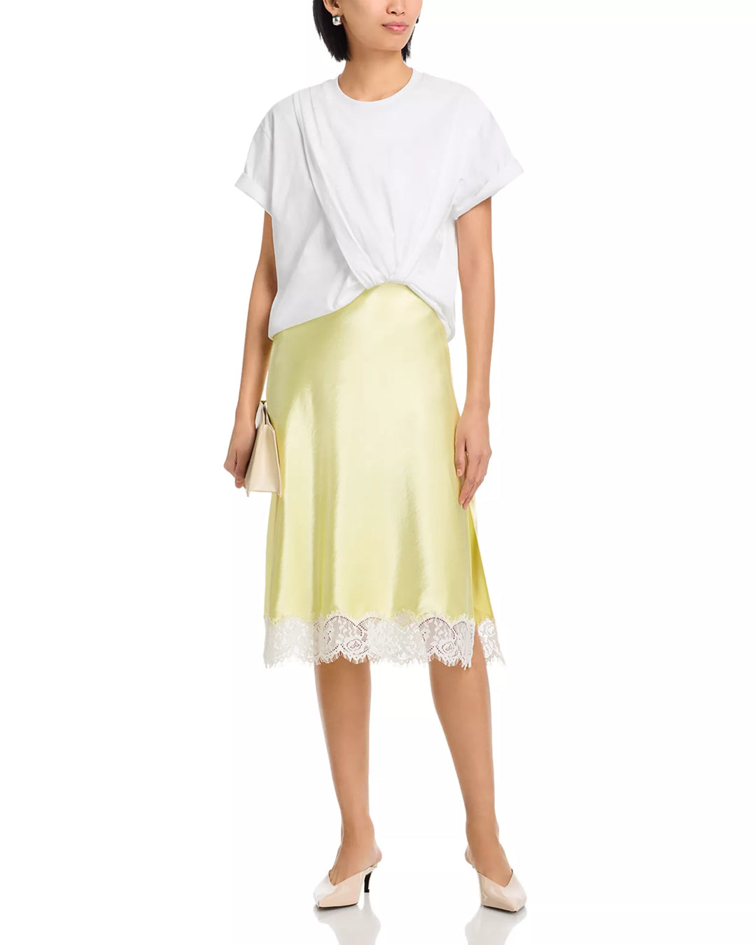 Draped Combo T-Shirt Dress with Lace Trim - White