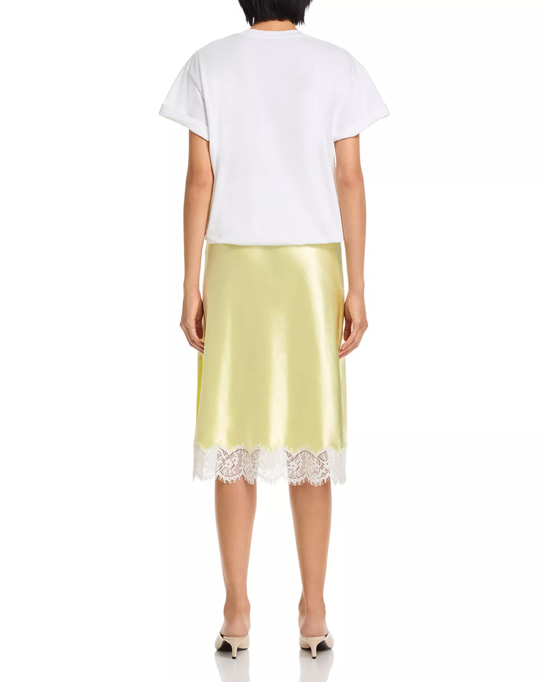 Draped Combo T-Shirt Dress with Lace Trim - White