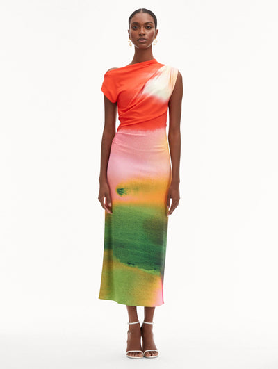 DRAPED ABSTRACT DRESS - Vermilion Multi